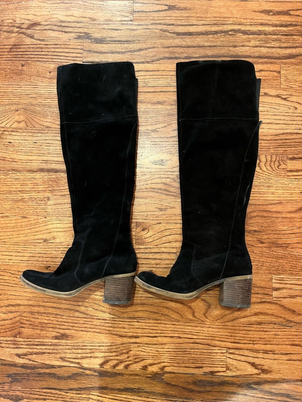 Lucky Black Suede Knee-High Block Heel Boots
